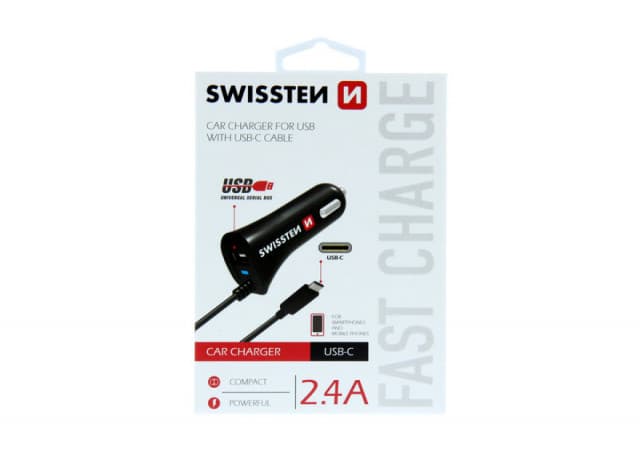 SWISSTEN Auto punjač TIP C sa kablom + USB 2,4A 