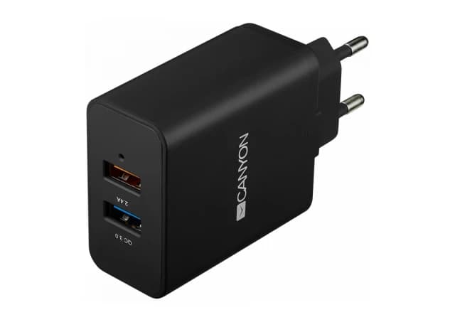 CANYON H-07 Universal 2xUSB AC charger (in wall) with over-voltage protection(1 USB with Quick Charger QC3.0), Input 100V-240V, Output USB/5V-2.4A+QC3.0/5V-2.4A&9V-2A&12V-1.5A, with Smart IC, Black rubber coating+QC3.0 port in blue/other port in orange, 9