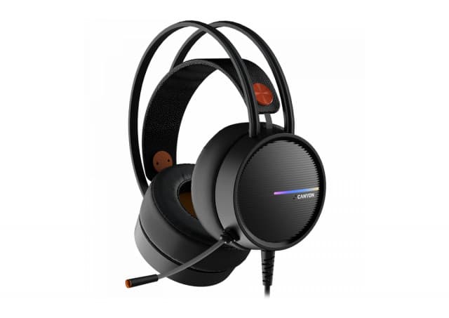 CANYON INTERCEPTOR GH-8A, Gaming headset 3.5mm jack plus USB connector for LED backlight, adjustable microphone and volume control, with 2in1 3.5mm adapter, cable 2M, Black and Orange, 0.36kg