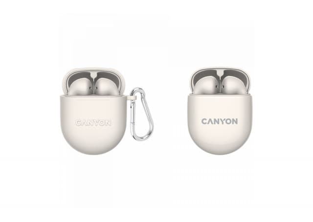 CANYON TWS-6, Bluetooth headset, with microphone, BT V5.3 JL 6976D4, Frequence Response:20Hz-20kHz, battery EarBud 30mAh*2+Charging Case 400mAh, type-C cable length 0.24m, Size: 64*48*26mm, 0.040kg, Beige