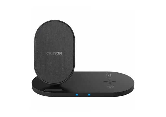 CANYON WS-202 2in1 Wireless charger, Input 5V/3A, 9V/2.67A, Output 10W/7.5W/5W, Type c cable length 1.2m, PC+ABS,with PU part ,180*86*111.1mm, 0.185Kg,Black