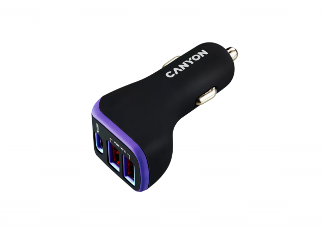 Adapter za auto CANYON C-08 - 2 x USB-A 5V 2.4 A + 1 x Type-C PD 18 W, crni