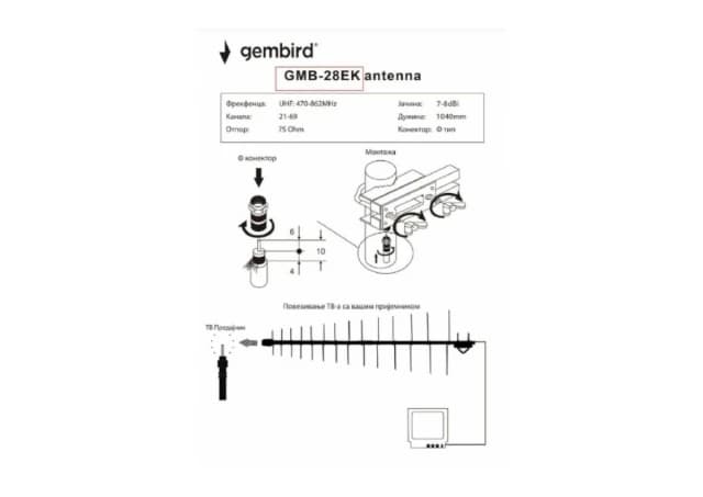 GMB-28EK **Gembird Antena Loga UHF sa F konektorom 28 elemenata, du&#382;ina 104cm, dobit 9dB alumini.696