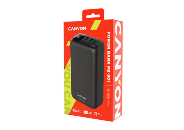 Power bank Canyon PB-301 LED 30000 mAh PD 20W QC 3.0 Black (CNE-CPB301B)