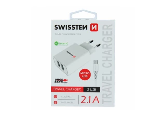 SWISSTEN CHARGER 2x USB 2,1A+MICRO USB 1,2 M WHITE