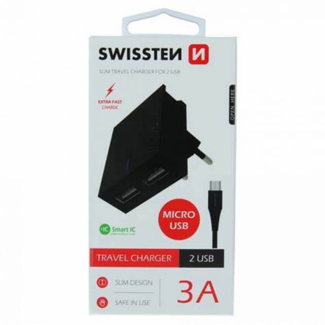 Swissten punjač 2x USB 3A+ kabl micro  USB 1,2m crna