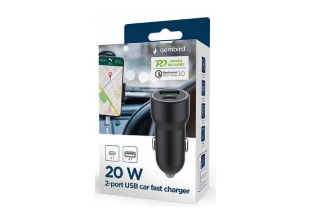 TA-UC-A2PDQC20-CAR-01 Gembird 2-port USB car fast charger, Type-C PD, 20 W, black