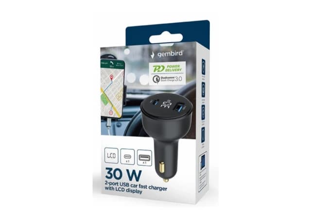 TA-UC-AC2PD30LCD-CAR-01 Gembird 2-port USB brzi punjac za auto, Type-C PD, LCD, 30W, black