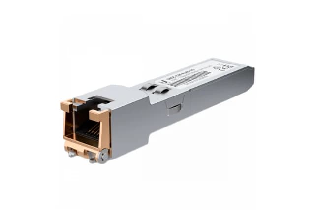 Ubiquiti UACC-CM-RJ45-1G SFP to RJ45 transceiver module that delivers 1 Gbps speed via a converted Ethernet connection.