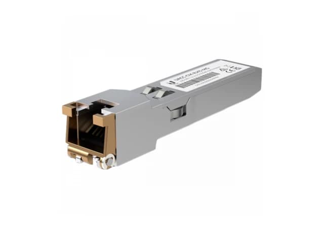 Ubiquiti UACC-CM-RJ45-MG SFP+ to RJ45 adapter, 1/2.5/5/10 GbE is a RJ45 transceiver that can be inserted into an SFP port in order to connect a copper Ethernet cable