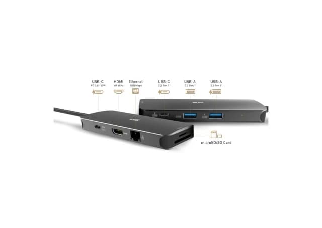 USB-C 8-in-1 Hub SR30, SD Card-reader, MicroSD Card Reader, 1x HDMI 4K, Gigabit LAN, 2x USB3.2 Gen.1 (up to 5Gbps), 2x USB-C (1x PD2.0 charging up to 100W), Cable 0.15m